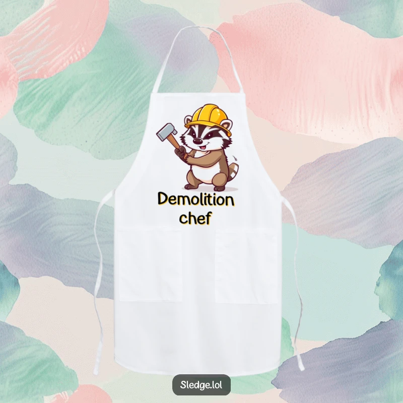 Funny Badger Apron, a determined badger in a construction hat, swinging a large sledgehammer, ready to conquer any meal.