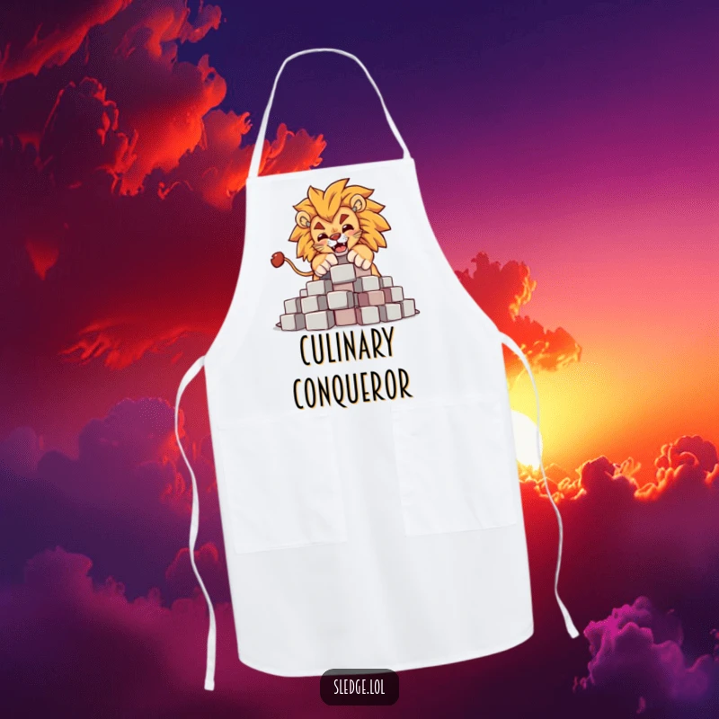 Funny Lion Apron: A powerful lion humorously knocks over blocks, ideal for funny, authoritative kitchen wear.
