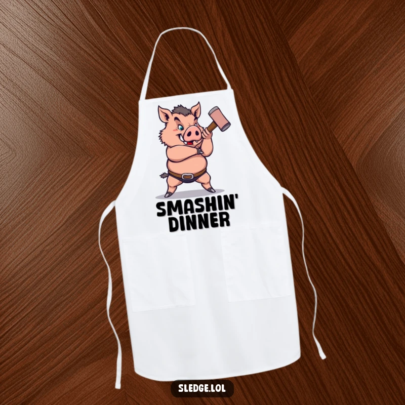 Funny Boar Apron: A strong boar humorously wields a sledgehammer, ideal for funny, protective kitchen wear.