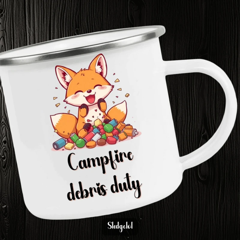 Funny Fox Camping Mug, a playful fox joyfully smashing small objects, ready for outdoor fun and mischief.
