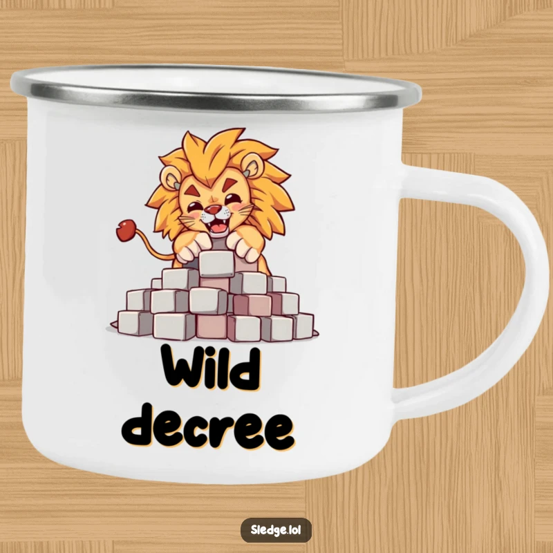 Funny Lion Camping Mug: A powerful lion humorously knocks over blocks, perfect for funny, mighty outdoor excursions.