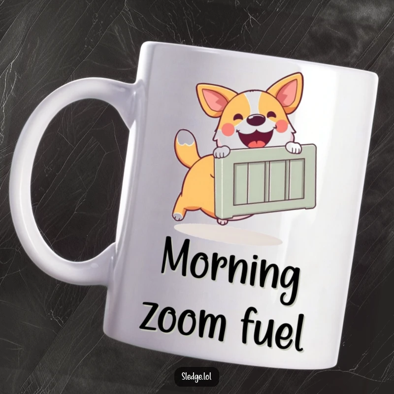 Funny Dog Mug, a happy dog excitedly pushing a large crate with a wagging tail and determined focus.