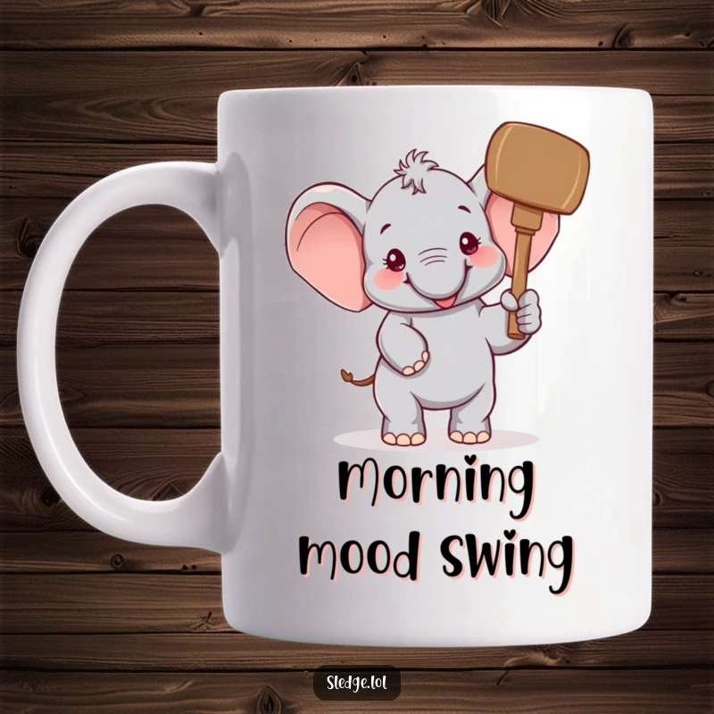 Funny Elephant Mug: A cheerful elephant humorously raises a giant mallet, depicting funny, joyous intent to playfully strike.