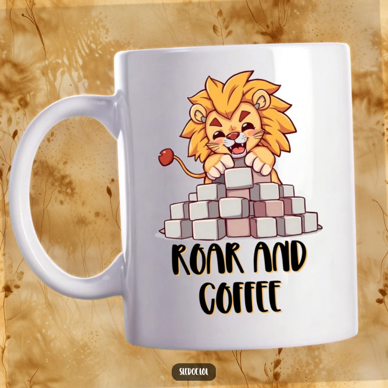 Funny Lion Mug: A powerful lion humorously knocks over a pile of blocks, depicting funny, majestic dominance and playful destruction.