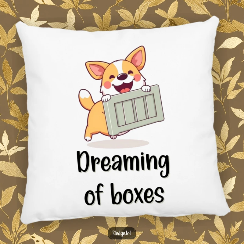Funny Dog Pillow, a happy dog excitedly pushing a large crate, bringing comfort and a sense of helpfulness.