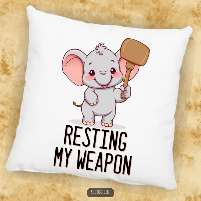Funny Elephant Pillow: A cheerful elephant comically raises a giant mallet, offering a funny, plush accent for delightful and humorous home decor.