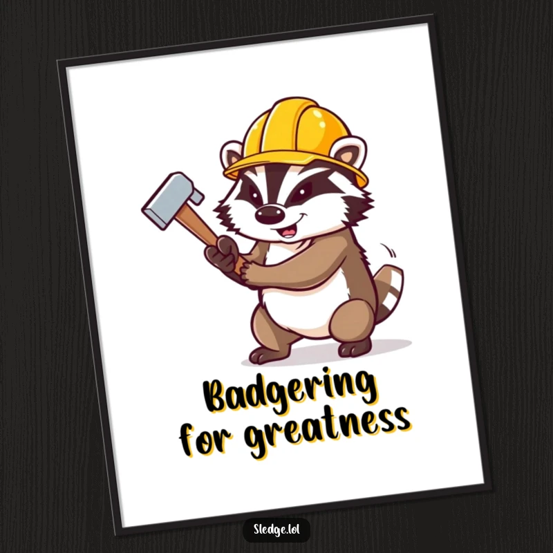 Funny Badger Digital Art Print, a determined badger in a construction hat, swinging a large sledgehammer, exuding power and resolve.