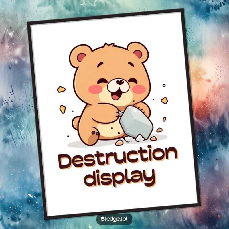 Funny Bear Digital Art Print: A playful bear humorously smashes a small object, creating a funny, energetic scene for instant decor.