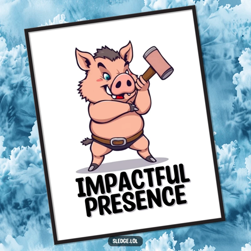 Funny Boar Digital Art Print: A strong boar humorously swings a small sledgehammer, creating a funny, powerful visual for instant decor.