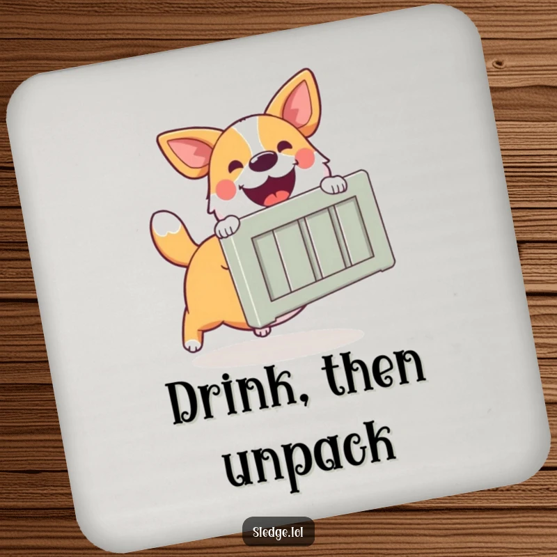 Funny Dog Drink Coaster, a happy dog excitedly pushing a large crate, bringing a touch of helpfulness to any table.