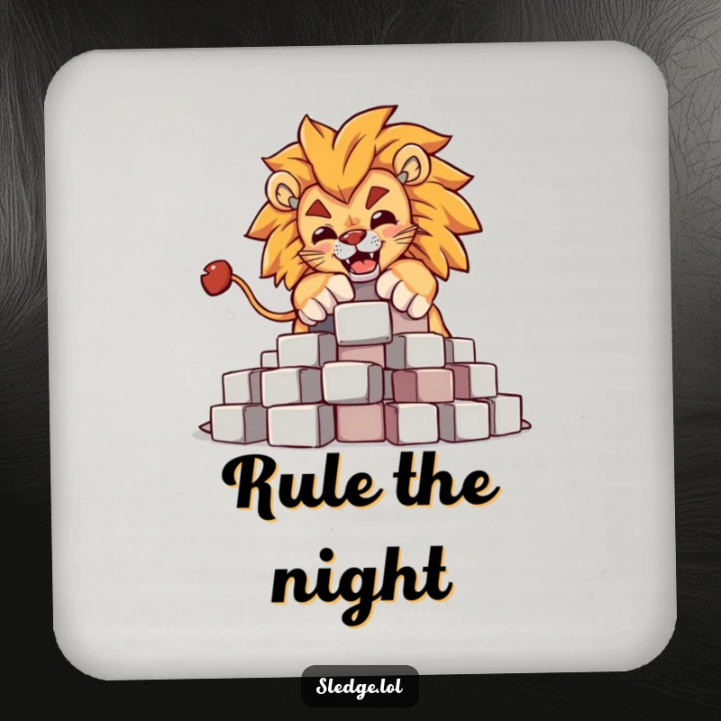 Funny Lion Coasters: A powerful lion comically knocks over blocks, providing funny, protective accents with a majestic flair.