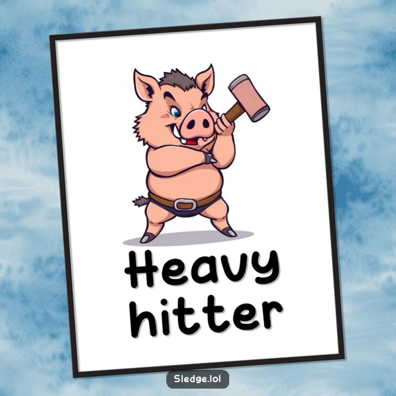 Funny Boar Poster: A strong boar humorously swings a small sledgehammer, creating a funny, powerful statement for wall art.