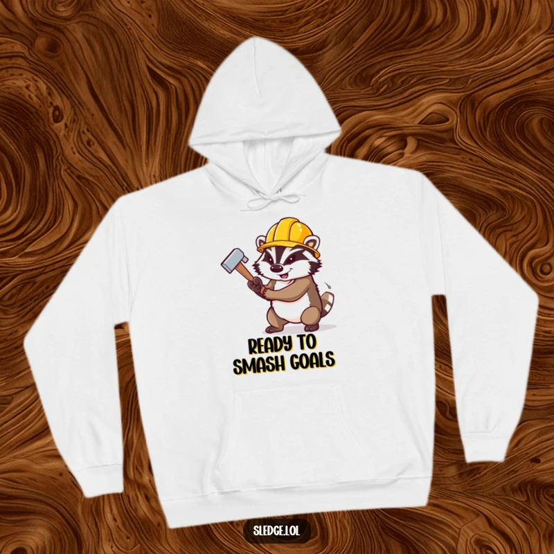 Funny Badger Hoodie, a determined badger in a construction hat, swinging a large sledgehammer, exuding strength and humor.