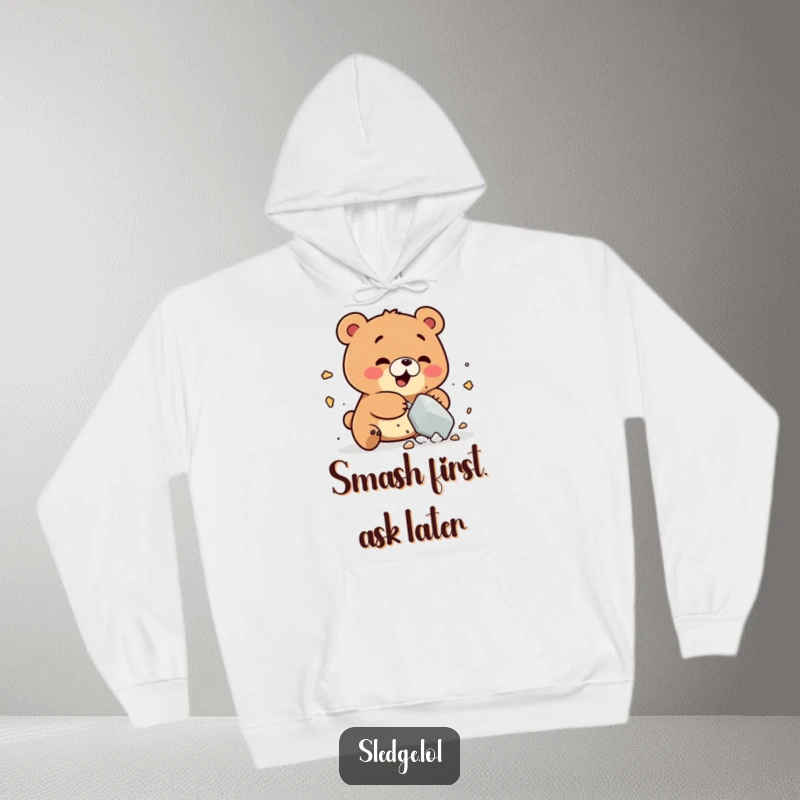 Funny Bear Hoodie: A playful bear is humorously depicted smashing a small object, radiating funny, carefree energy and delightful chaos.