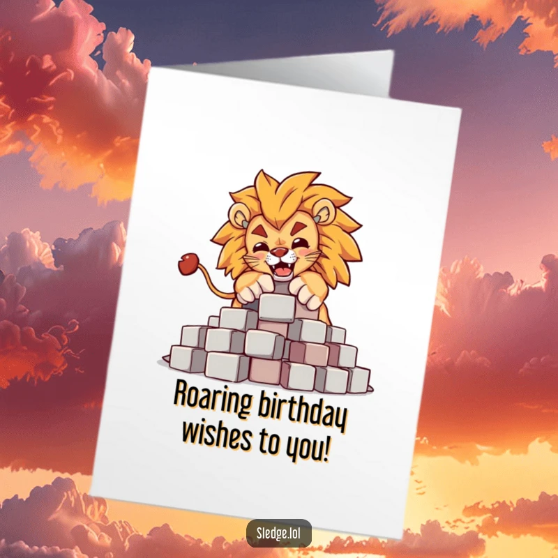 Funny free printable birthday card; a powerful lion character humorously knocks over a pile of toy blocks with ease.