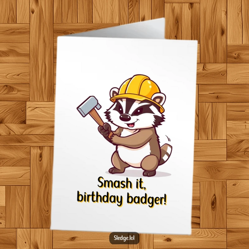 Funny free printable birthday card: a determined badger in a construction hat swinging a large sledgehammer with gusto.