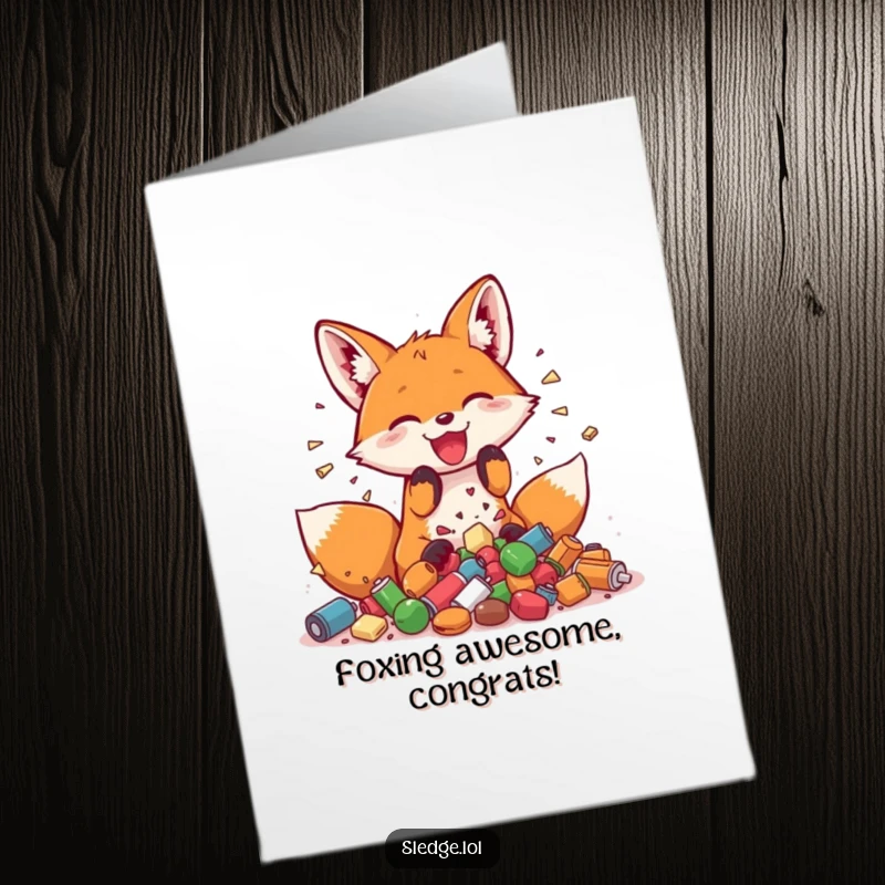 Funny free printable congratulations card showing a fox happily smashing small objects, symbolizing a breakthrough.