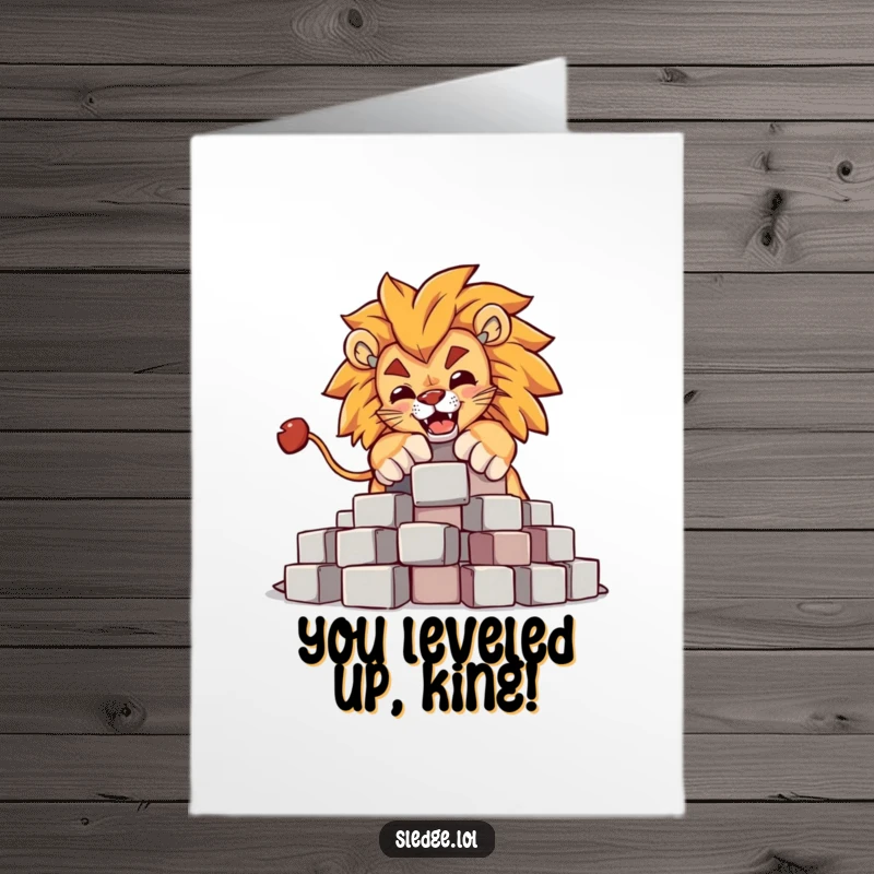 Majestic free printable congratulations card; a powerful lion knocks over blocks, symbolizing a dominant and impressive success.