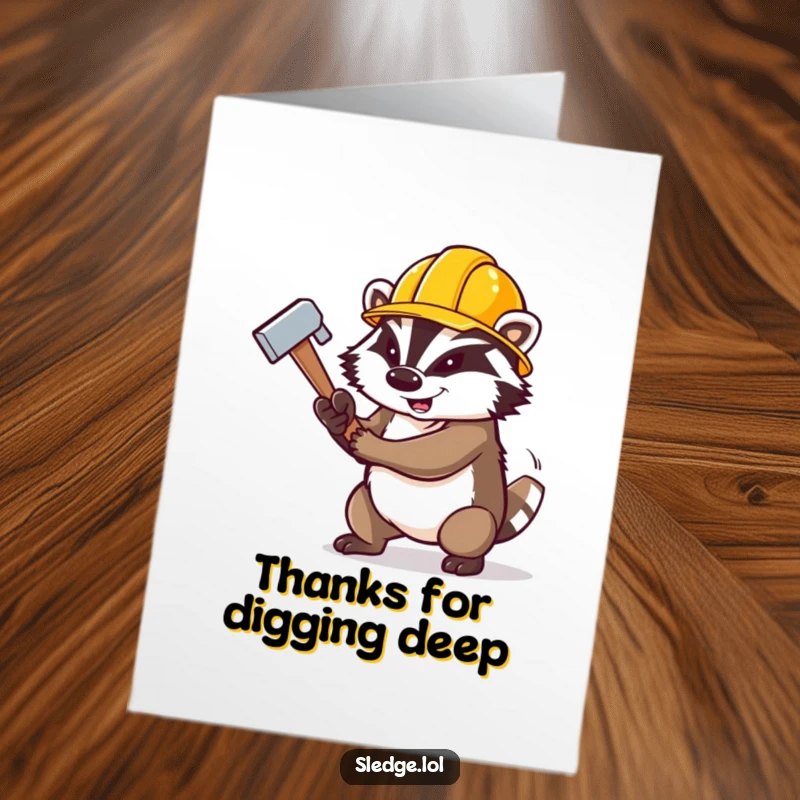 Funny free printable thank you card: a badger wearing a construction hat, sledgehammer in hand, ready for a tough job.