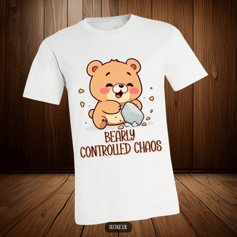 Funny Bear T-Shirt: A playful bear comically smashes a small object, illustrating funny, unbridled enthusiasm and a carefree attitude.