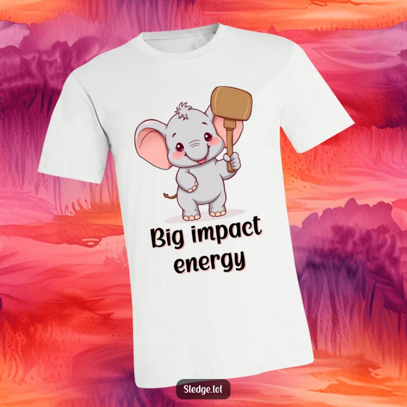 Funny Elephant T-Shirt: A cheerful elephant comically raises a giant mallet, showcasing funny, unbridled joy and a playful swatting motion.
