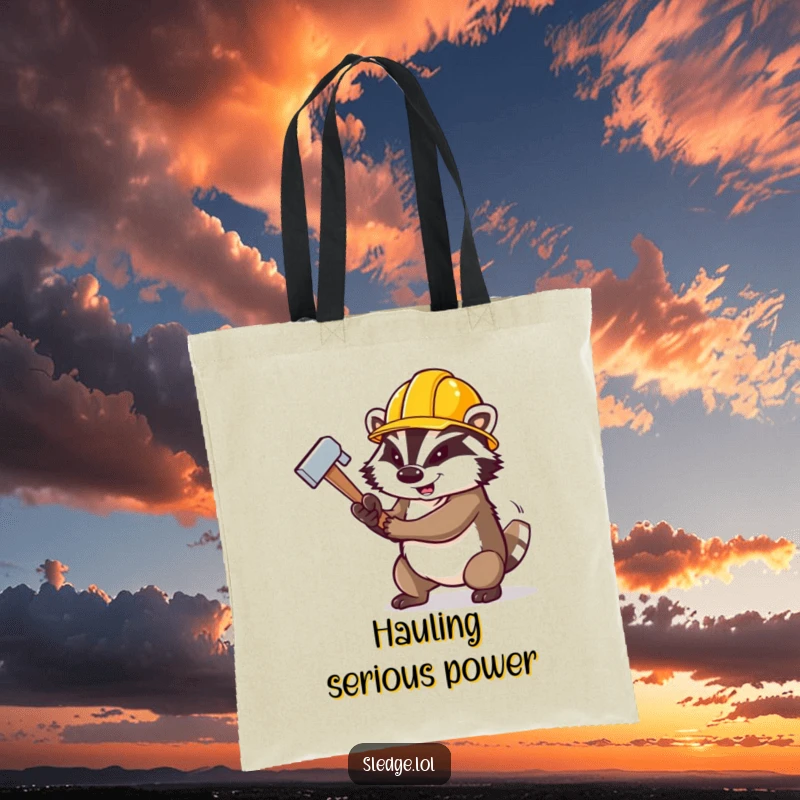 Funny Badger Tote Bag, a determined badger wearing a construction hat, swinging a large sledgehammer, prepared for any task.