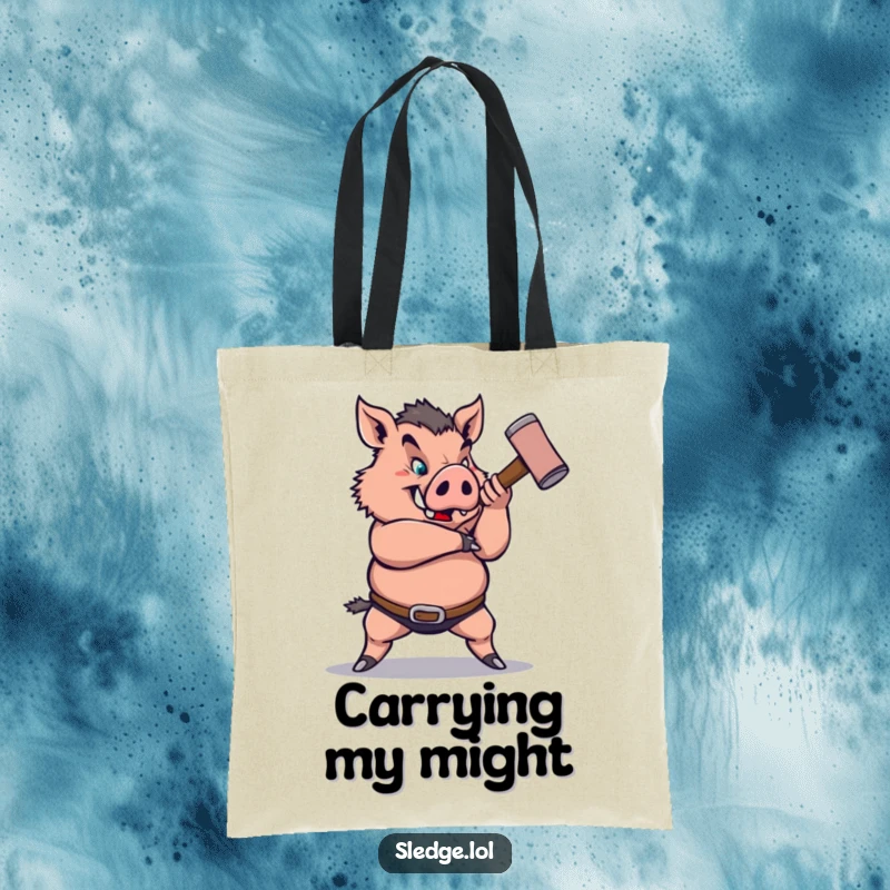 Funny Boar Tote Bag: A strong boar is humorously shown swinging a sledgehammer, perfect for funny, practical hauling of necessities.